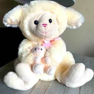 HUG FUN LARGE 15" PLUSH MAMA SHEEP WITH BABY LAMB, PINK RIBBON